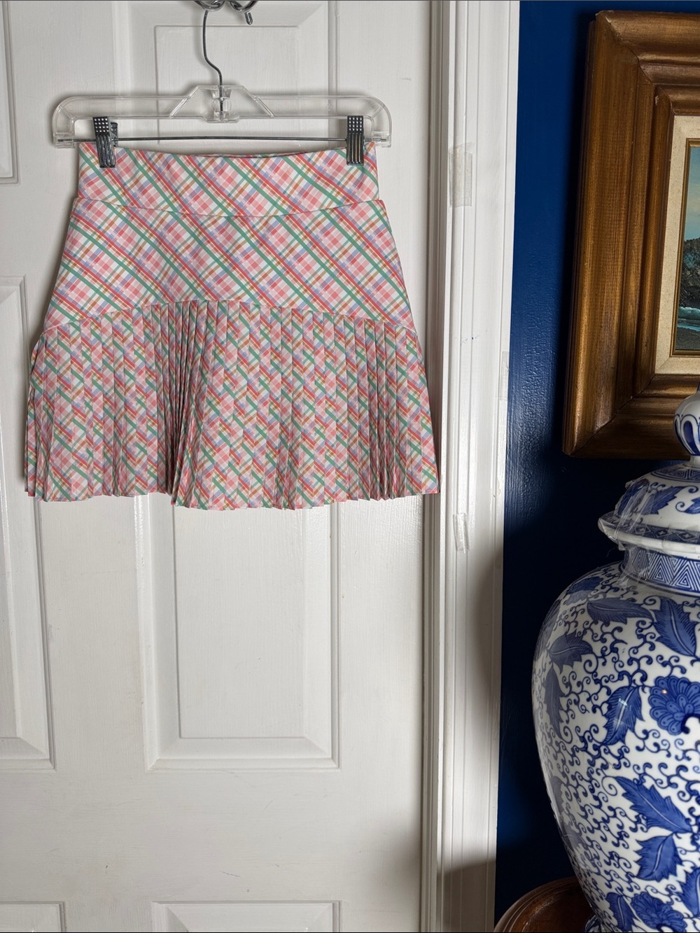 NWOT Women’s Never A Wallflower Club Plaid Pleated Mini Skort in Pink and Mint - Picture 2 of 8